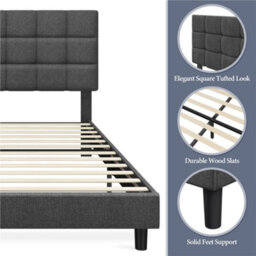 Yaheetech Dark Grey 5Ft King Upholstered Bed Frame With Square Tufted Adjustable Headboard And Wooden Slats Support - thumbnail 5