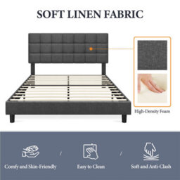 Yaheetech Dark Grey 5Ft King Upholstered Bed Frame With Square Tufted Adjustable Headboard And Wooden Slats Support - thumbnail 6