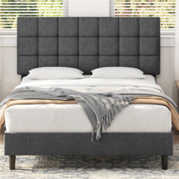 Yaheetech Dark Grey 5Ft King Upholstered Bed Frame With Square Tufted Adjustable Headboard And Wooden Slats Support - thumbnail 1