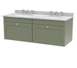 Balterley Swynnerton Traditional 2 Drawer Wall Hung Vanity Unit With Double Marble Basin, Satin Green, 1200mm