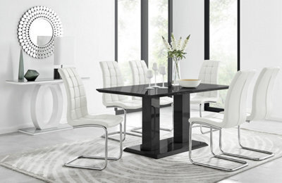 Furniturebox Imperia Black High Gloss 6 Seater Dining Table With Structural 2 Plinth Column Legs 6 White Padded Faux Leather Murano Chairs - image 1