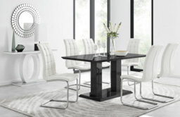 Furniturebox Imperia Black High Gloss 6 Seater Dining Table With Structural 2 Plinth Column Legs 6 White Padded Faux Leather Murano Chairs - thumbnail 1
