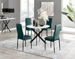 Furniturebox Uk Novara White Gloss Black Leg Round Dining Table & 4 Green Velvet Milan Black Leg Chairs