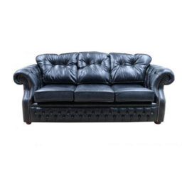 Chesterfield 3 Seater Old English Black Real Leather Sofa Bespoke In Era Style - thumbnail 6