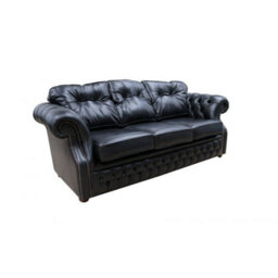 Chesterfield 3 Seater Old English Black Real Leather Sofa Bespoke In Era Style - thumbnail 4