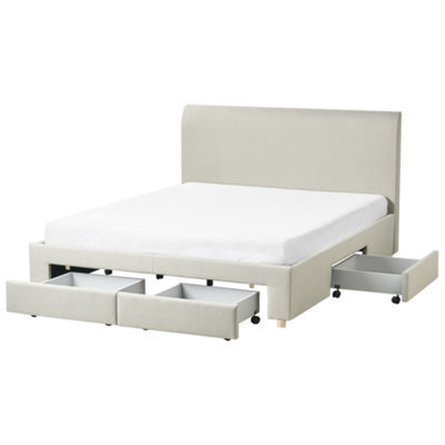 Beliani Bed With Storage Drawers Fabric Soutrin 160 X 200 Cm (Eu King Size) Beige - image 1