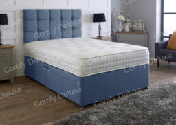 Comfy Deluxe 3Ft Blue  Single Linen Fabric Divan Bed Pocket Mattress & Headboard  2  Drawers Same Side