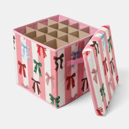 Ohs Bow Print Christmas Bauble Storage Box Festive Decoration Organiser 64 Slots - Pink/white - thumbnail 1