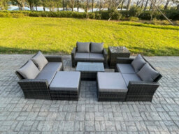 Fimous 7 Pc Rattan Sofa Garden Furniture Outdoor Patio Set With Side Tables 2 Big Footstool Love Seat Sofa Dark Grey Mixed - thumbnail 2