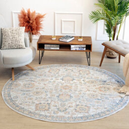 Livabliss Round Lillian-Washable Grey Yellow Blue Traditional Vintage Boho Living Dining Rug 200 X 200 Cm Easy Care, Non Shedding - thumbnail 2