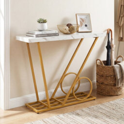Costway 100Cm Modern Console Table Faux Marble Entryway Table W/ Geometric Metal Frame - thumbnail 3