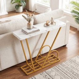 Costway 100Cm Modern Console Table Faux Marble Entryway Table W/ Geometric Metal Frame - thumbnail 4