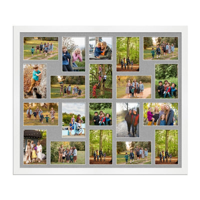 AK Frames 80X70Cm White Modern Multi Photo Frame With Silver Mount - Holds 20 Apertures (18X) 6X4, (2X) 4X4 Photos - image 1