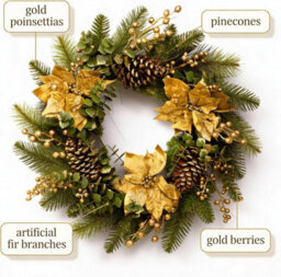 Gold Poinsettia /berry & Cone Wreath-60Cm - thumbnail 3