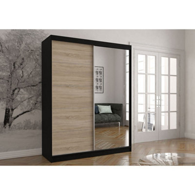 Arte Vista 05 Contemporary Black Mirrored Sliding Door Wardrobe With Oak Sonoma Front (H)2000mm X (W)1500mm X (D)610mm - image 1