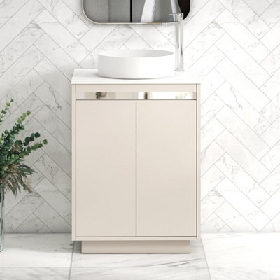 Royal Bathrooms Orion 600mm Warm Taupe Floor Standing Vanity Unit 2 Door With Plain White Undrilled Worktop & Chrome Accent Trim - image 1