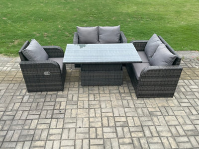 Fimous Wicker Pe Rattan Furniture Garden Dining Set Outdoor Height Adjustable Rising Lifting Table With Reclining Chair - image 1