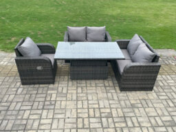 Fimous Wicker Pe Rattan Furniture Garden Dining Set Outdoor Height Adjustable Rising Lifting Table With Reclining Chair - thumbnail 2