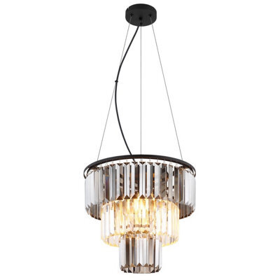 Luminosa Lighting Luminosa Naxis Pendant Ceiling Light Matt Black Crystals Smoke Glass Shade 3X E27 - image 1