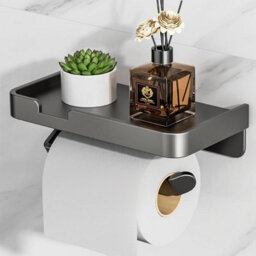 CLEFFNS Toilet Paper Holder With Phone Shelf, Adhesive Or Screw Wall Mount Toilet Tissue Roll Holder, Grey - thumbnail 1