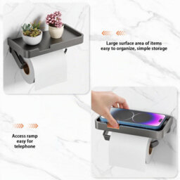 CLEFFNS Toilet Paper Holder With Phone Shelf, Adhesive Or Screw Wall Mount Toilet Tissue Roll Holder, Grey - thumbnail 8
