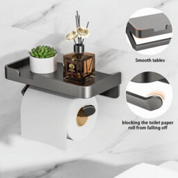 CLEFFNS Toilet Paper Holder With Phone Shelf, Adhesive Or Screw Wall Mount Toilet Tissue Roll Holder, Grey - thumbnail 9
