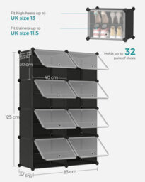 Songmics Interlocking Shoe Rack, Plastic Shoe Storage Cabinet, 8-Slot Modular Storage Organiser Unit,black - thumbnail 4