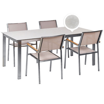 Beliani Garden Dining Set 4 Seater Cosoleto/grosseto Tempered Glass Marble Effect White/ Beige - image 1