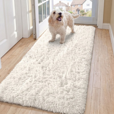 Oxford Homeware Shaggy Rug Anti-Slip Washable Soft Fluffy Living Room And Bedroom Rug (Cream, 60X220Cm) - image 1