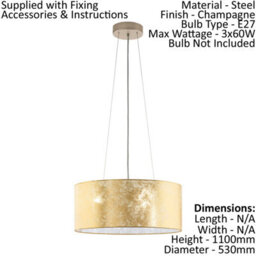 Elegant Champagne Pendant Ceiling Light With Gold Fabric Shade - thumbnail 2