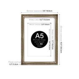 A5 Gunmetal  Ornate Picture Frame (21 X 14.7Cm) With Mount For A6 Poster, Photo, Artwork, Gallery Wall Or Print - thumbnail 2