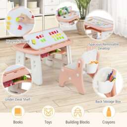 Gainoom Kids Pink Drawing Table & Chair Set W/flip-Top Tabletop Bookshelf - thumbnail 4