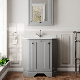 Hudson Reed Floor Standing 3-Door Angled Vanity Unit With 1 Tap Hole White Marble Top & Basin, Storm Grey, 786X470mm - thumbnail 2