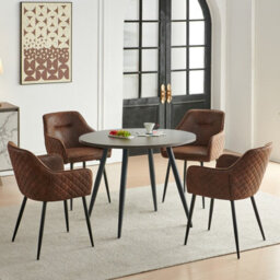 Sonara Dark Walnut Round Dining Table 100 Cm With 4 Faux Suede Chairs, 5-Piece Modern Dining Set