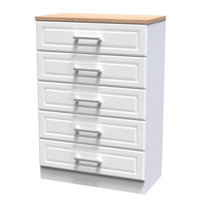 Sevilla Ready Assembled Matt White Light Oak Effect 5 Drawer Wide Chest (H)1075mm (W)765mm (D)415mm - image 1