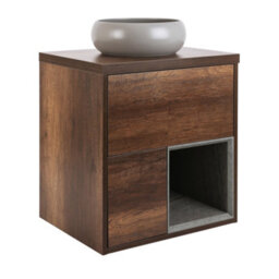 Homestylestore Dark Oak 594mm Wall Hung Bathroom Vanity Unit Round Pebble Countertop Basin Open Shelf