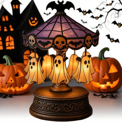 Lampe Carrousel Fantôme Halloween - Rotative, Rechargeable, Résine, 19x11x19 Cm, Décoration Effrayante