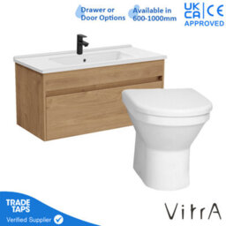 Vitra 1000mm Wall Hung Bathroom Vanity Unit With 1 Drawer Includes Basin, Black Tap And Back To Wall Toilet - Golden Oak