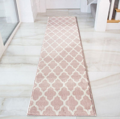 Loomed Blush Pink White Classic Trellis Living Room Runner Rug 60X240Cm - image 1