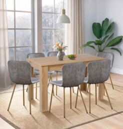 Hallowood Furniture Newquay Oak Fixed Top Table 120Cm With 6 Taupe Leather Effect Chairs