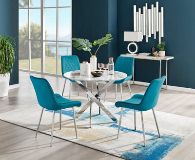 Furniturebox Novara White Marble Effect 100Cm Round Dining Table With Chrome Starburst Legs & 4 Blue Velvet Pesaro Chairs - image 1