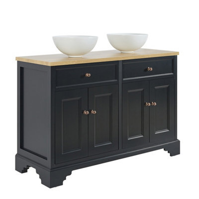 Homestylestore 1210mm Black Grey And Oak Bathroom Vanity Unit With Round Countertop Basins And Bronze Round Handles - image 1