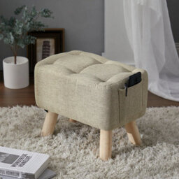 Khaki  Linen Padded Foot Rest Stool Pouffe Livingroom Chair Ottoman Footstool Wood Legs - thumbnail 4