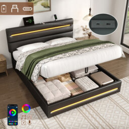 Btm 5Ft King Black Pu Ottoman Bed With Hydraulic Storage Led Headboard Usb And Type C Charging No Mattress