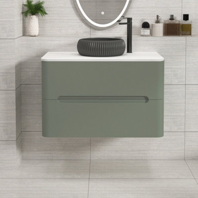 Royal Bathrooms Venice 800mm Sage Green Wall Mounted Bathroom Countertop Vanity Unit 2 Drawer With Milan Black Basin - image 1