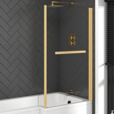 Royal Bathrooms 1400mm L-Shaped Brushed Brass Shower Fixed Bath Screen With Towel Rail & Panel 6mm Tempered Safety Glass - image 1