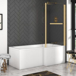 Royal Bathrooms 1400mm L-Shaped Brushed Brass Shower Fixed Bath Screen With Towel Rail & Panel 6mm Tempered Safety Glass - thumbnail 3