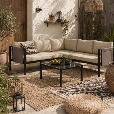 Wyld Haus Cichetti 5-Seater Khaki Corner Garden Sofa Set With Tempered Glass Coffee Table And Cushions - image 1