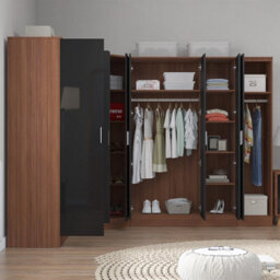Reflect 4Pc Wardrobe Bundle - 2 Door Corner + 3 Door Mirror + 2Dr + 1Dr Plain - Black Gloss & Walnut - H: 180Cm X W: 329Cm - thumbnail 4