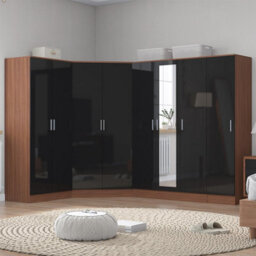 Reflect 4Pc Wardrobe Bundle - 2 Door Corner + 3 Door Mirror + 2Dr + 1Dr Plain - Black Gloss & Walnut - H: 180Cm X W: 329Cm